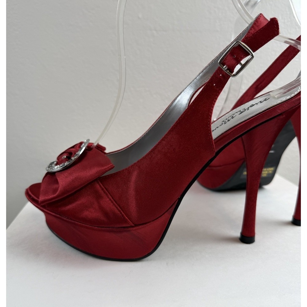 Y2K Night Moves Red Bow Satin Rhinestone Buckle Platform Slingback Heels Size 8 - Picture 9 of 10